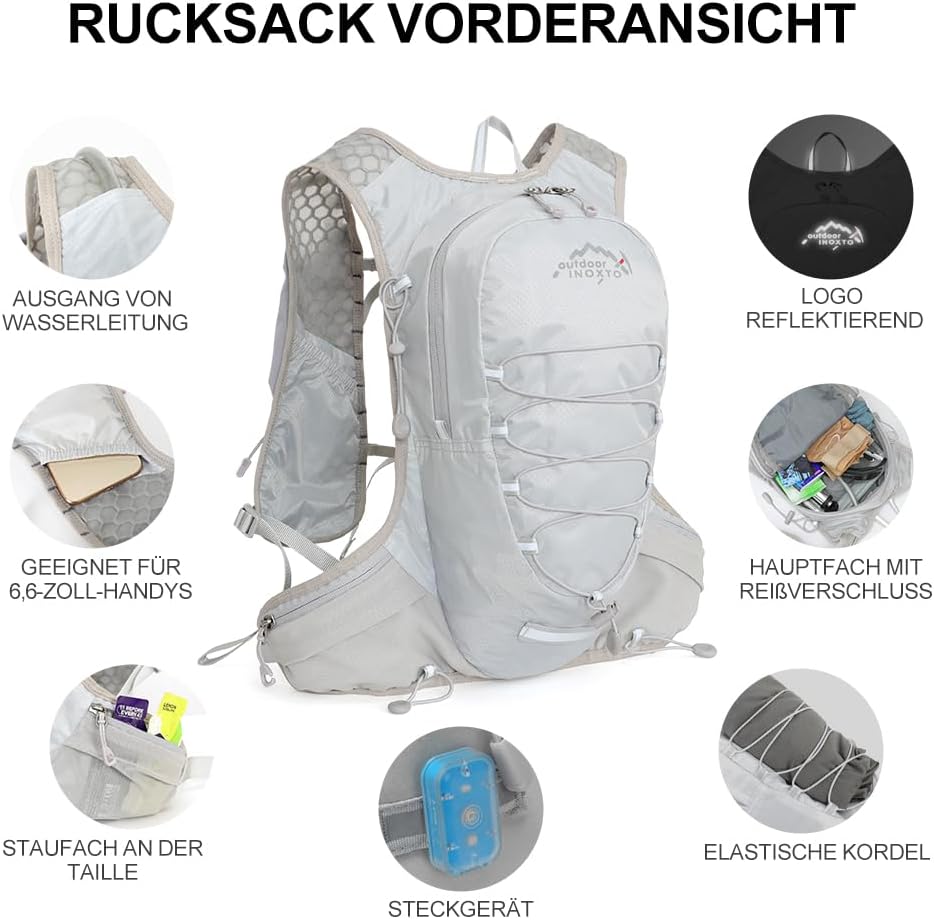 Detalle de INOXTO Sport Wasserbeutel Weste mit 1,5 l Trinkblase – Unisex Outdoor-Weste für Running, Wandern und Radfahren