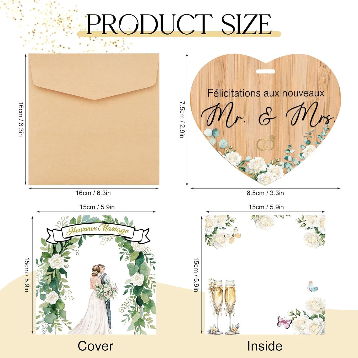 Detalle de TheGiffter Carte Mariage Félicitation – Carte de Vœux avec cœur en bois et enveloppe, 15 × 15 cm