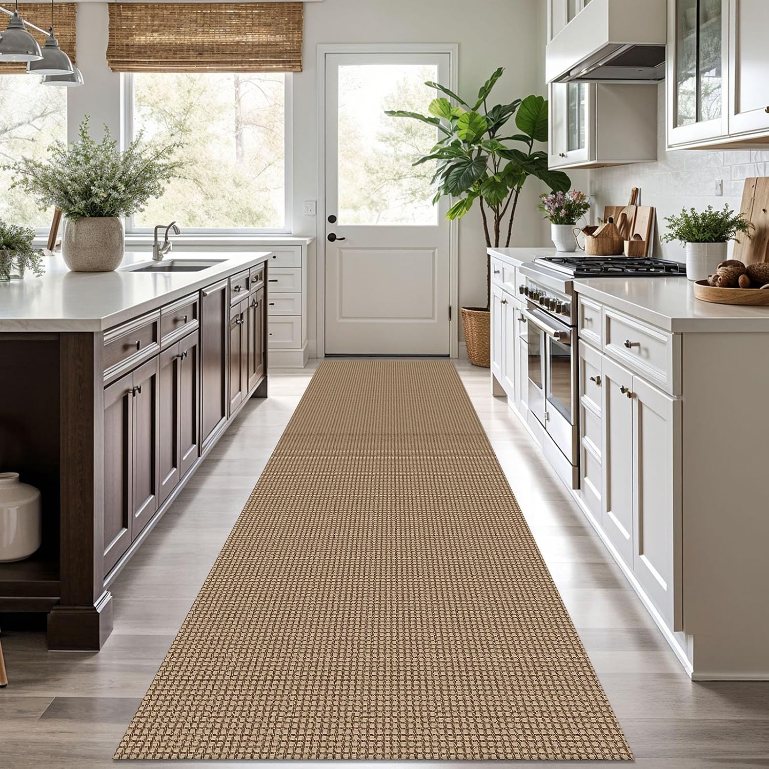 Detalle de KOZYFLY Boho Braided Runner Rug 3 x 10 ft with Non-Slip Rubber Backing (Tan/Orange/Brown)