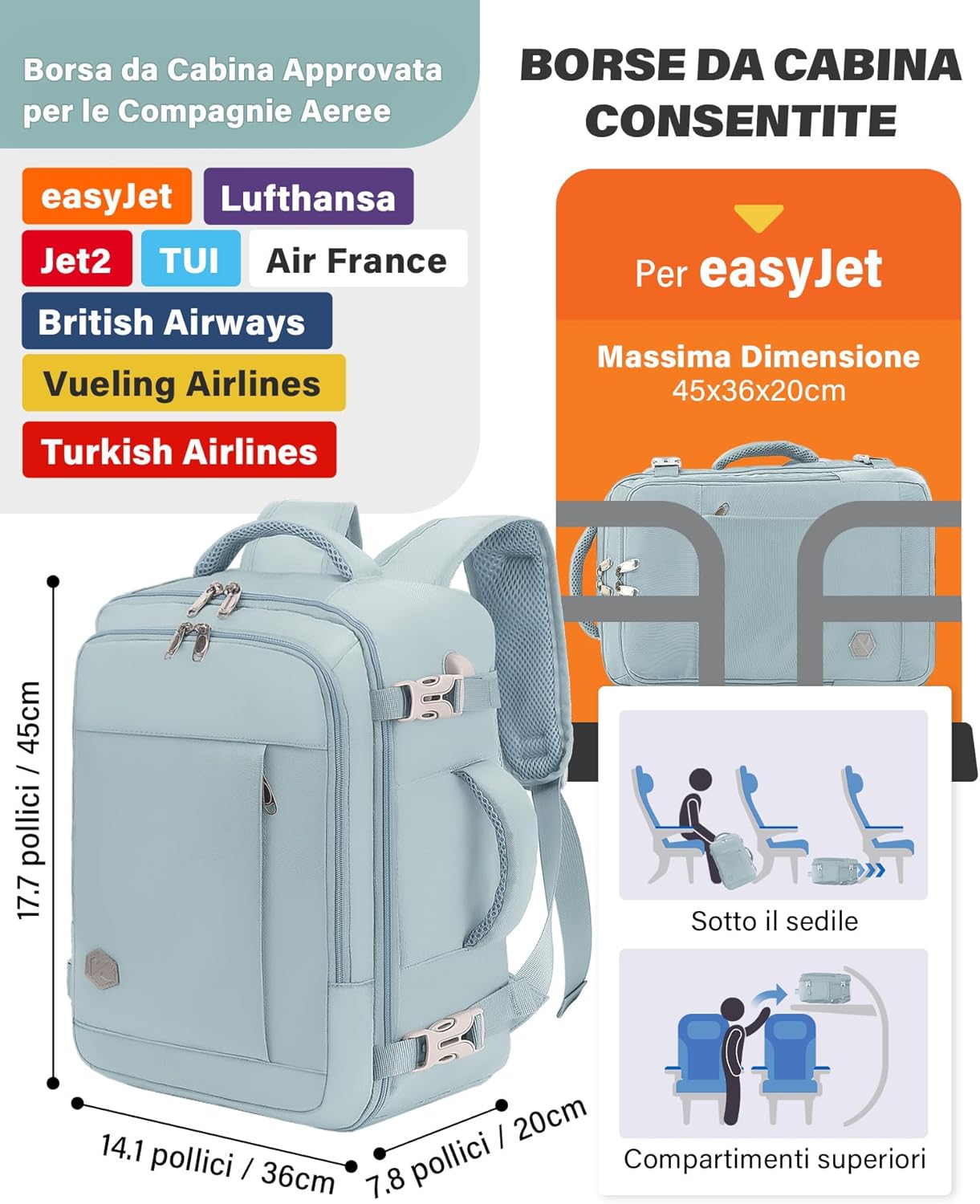 Detalle de VANKEV Zaino Easyjet 45x36x20 30L con scomparto per PC fino a 15,6" (bagaglio a mano)