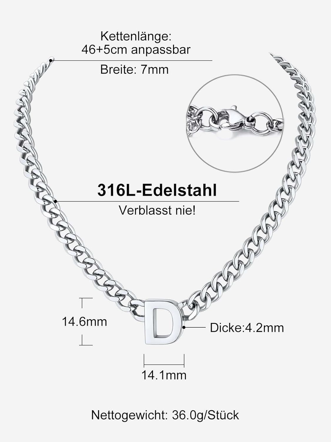 Detalle de Richsteel Initial Halskette A-Z Kuban Link – Personalisierbare Edelstahl-Kette mit Initialen