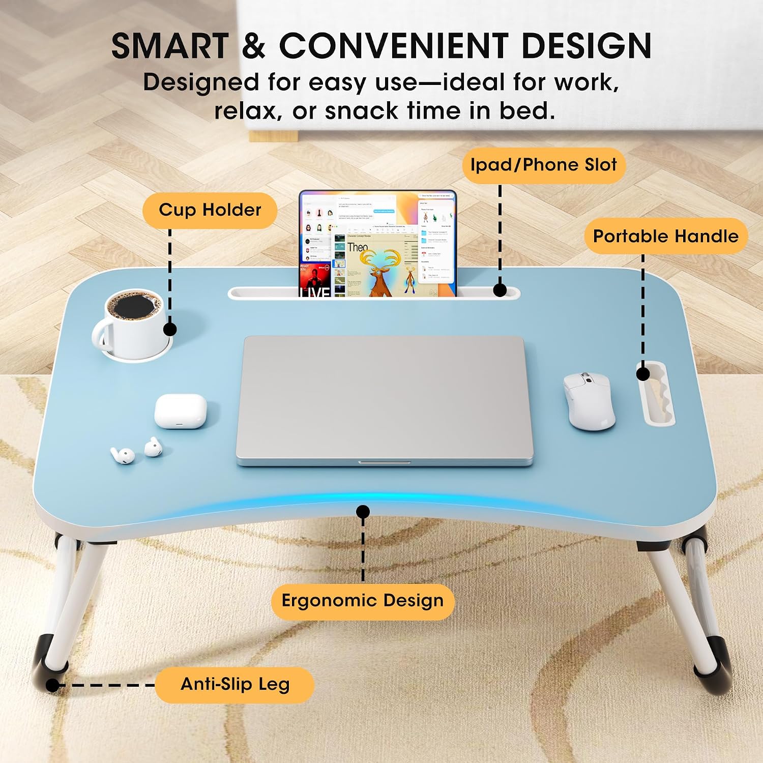 Detalle de Frpufi LD003 23.6-Inch Folding Wood Lap Desk with Cup Holder, Blue