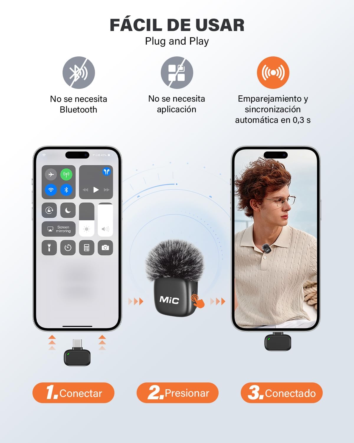 Detalle 2 de Micrófono Lavalier Inalámbrico 2 en 1 para iPhone y Android - Pack 2 de WARM BOX