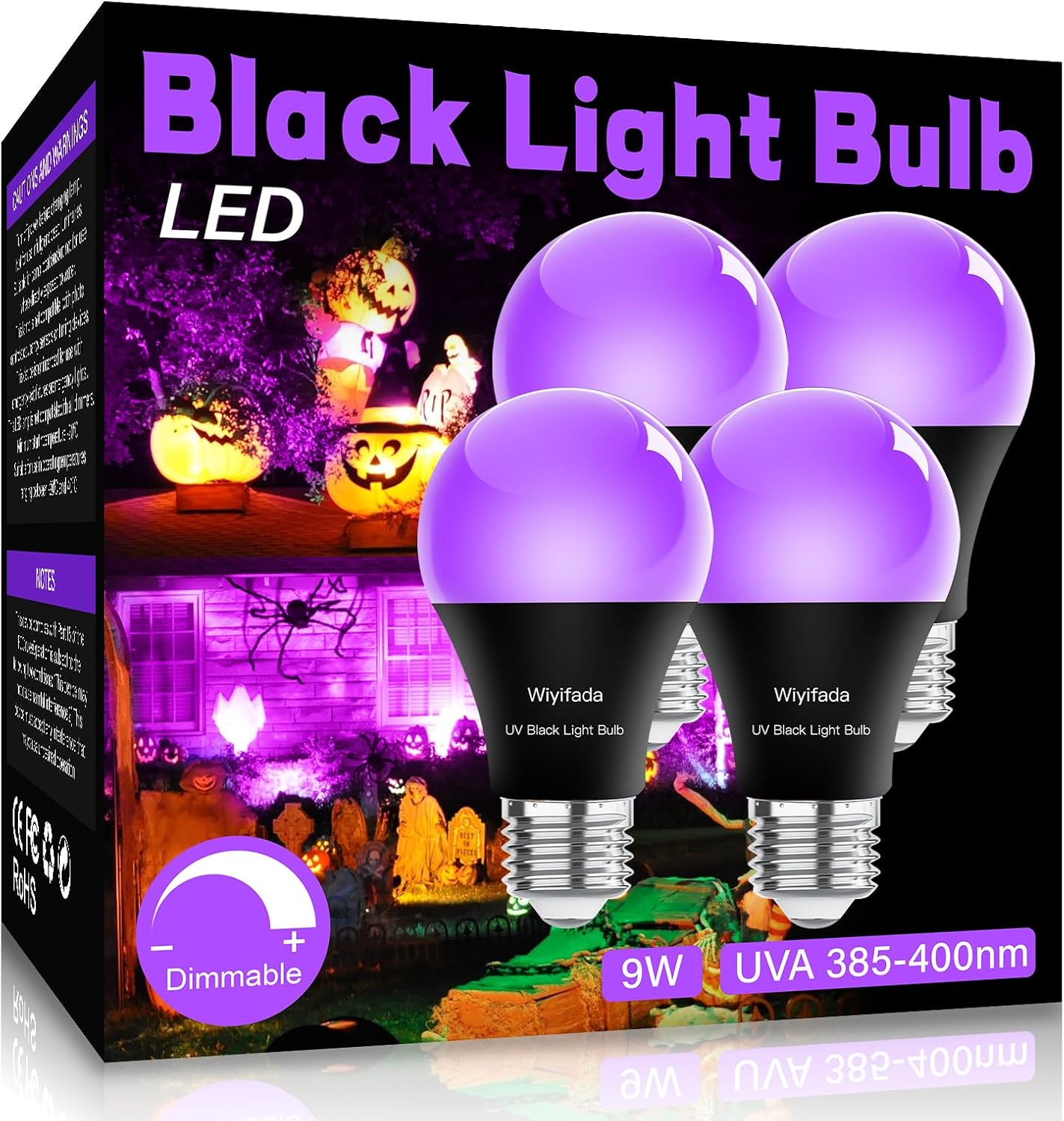 Detalle de Wiyifada a19 LED Black Light Bulbs, 4-Pack, Dimmable, 385–400 nm UVA