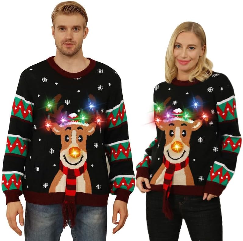 Detalle de MDAI Ugly Christmas Sweater with LED Lights, Reindeer Pattern, 100% Acrylic