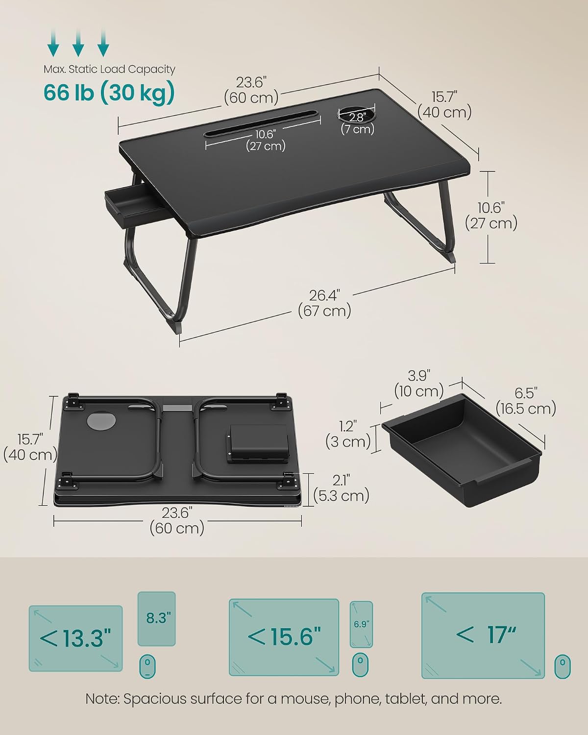 Thumbnail 6 de SONGMICS ULLD120B101 Foldable Lap Desk with Cup Holder, Tablet Slot and Drawer