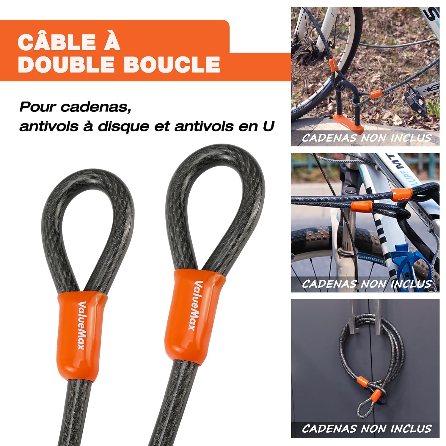 Detalle de ValueMax Câble antivol vélo 213 cm x 12 mm avec double boucle tressée