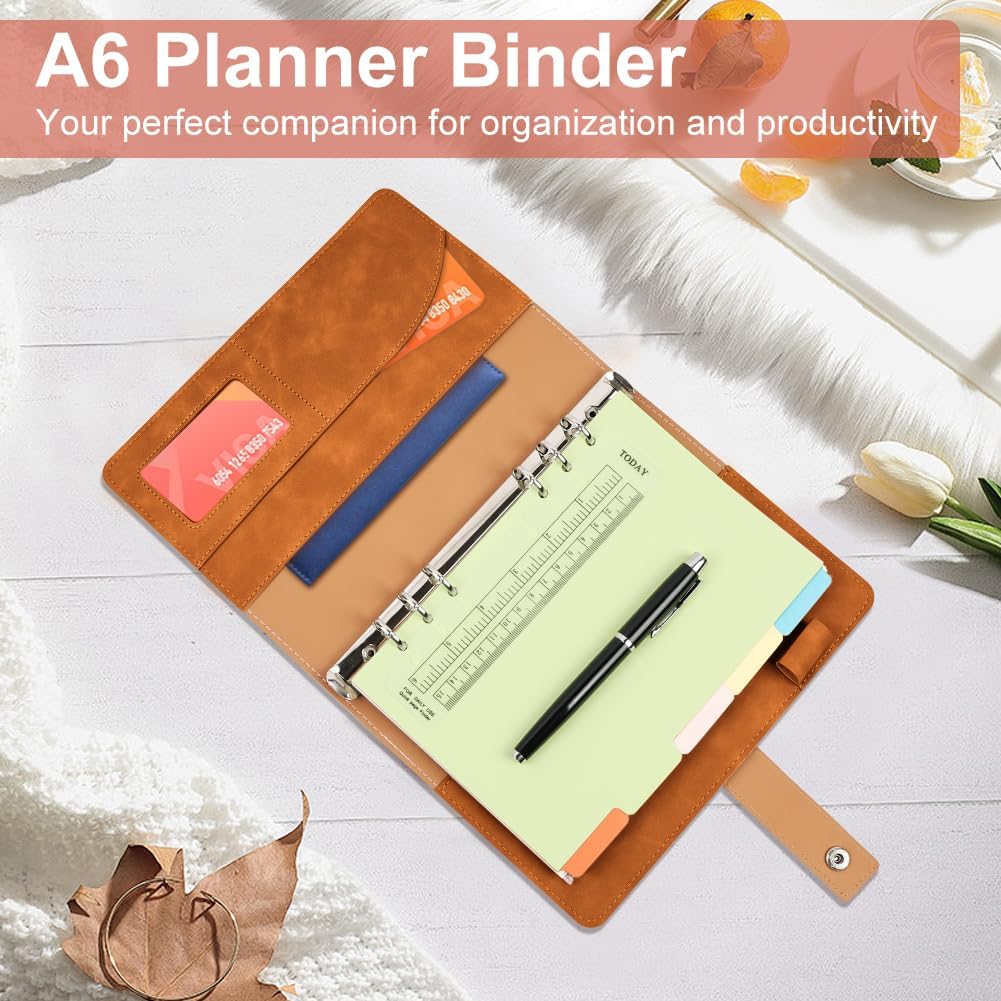 Detalle de ANOMM 4725978 A6-ringbandnotitieboek, navulbaar, bruin PU-leer met stippenpapier