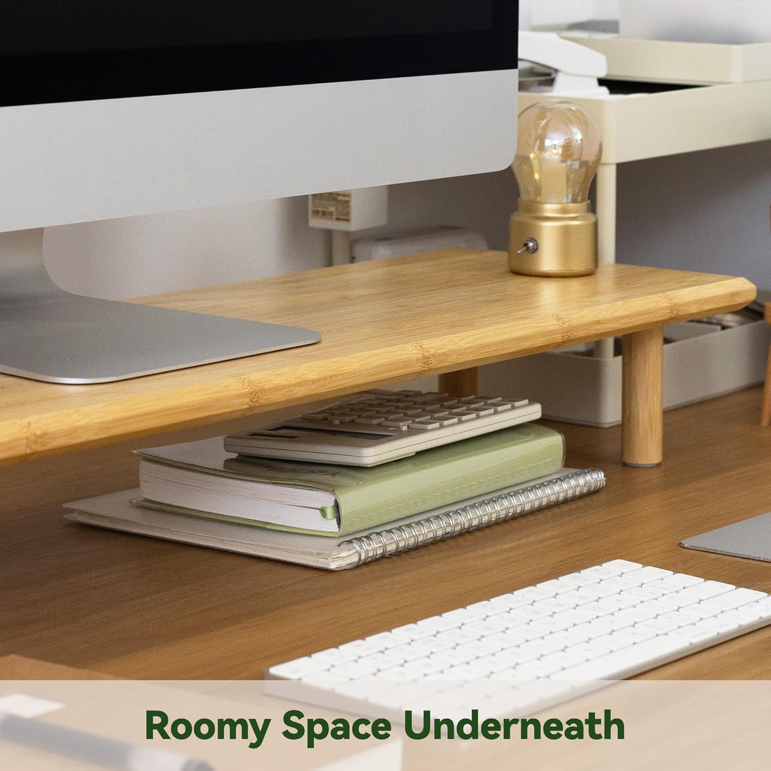 Detalle de ROCDEER Bamboo Dual Monitor Stand Riser with Storage Shelf