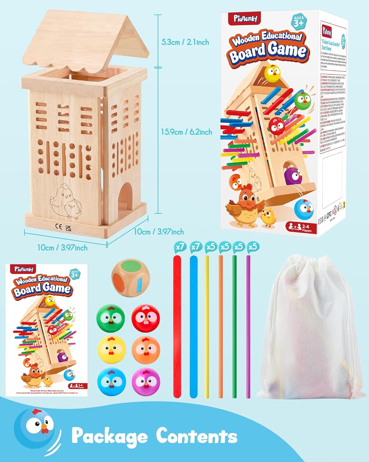 Thumbnail 6 de Montessori wooden board game for ages 3–6: chicken coop stick-removal ball & dice game