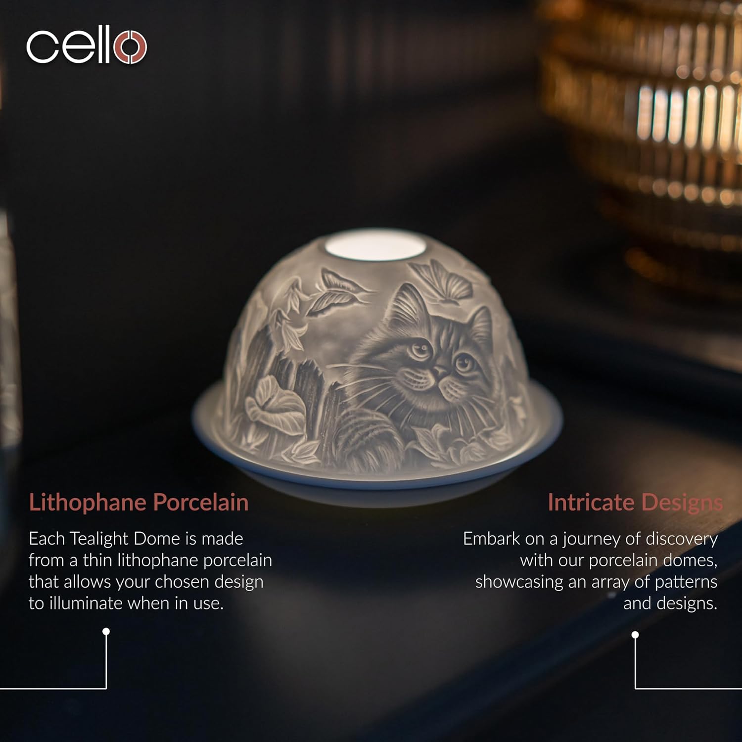 Thumbnail 1 de Porzellan Teelichthalter „Dome“ mit 3D-Projektionsmotiv – Katzendesign als LED-/Teelicht-Wachswärmer