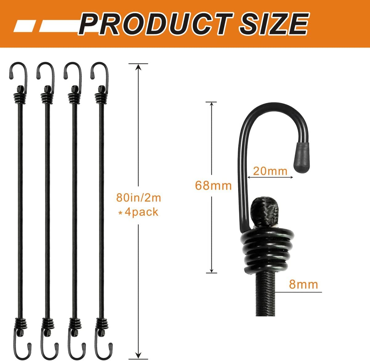 Detalle de BEXSLE Bungee Cords With Hooks 2m Long, Heavy Duty Outdoor Elastic Straps – 4 Pack, Black