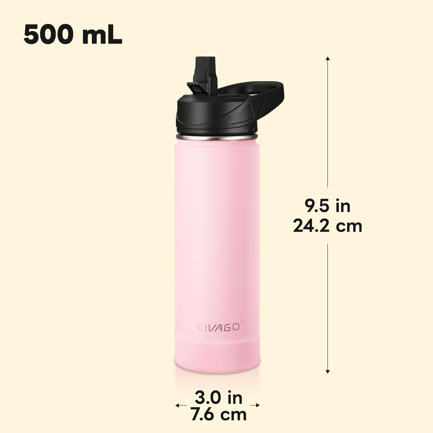 Thumbnail 4 de CIVAGO insulated stainless steel water bottle with straw (750ml) in black
