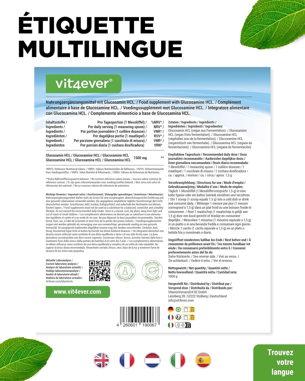 Detalle 2 de Glucosamine HCL Pure poudre 1 000 g vegan 🍶