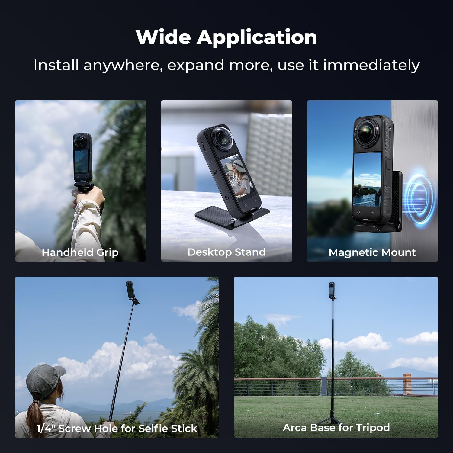 Detalle de K&F CONCEPT Supporto Magnetico con Montatura per Insta360 X5/X4/X3/GO 3/GO 2 – Impugnatura Pieghevole e Base Arca
