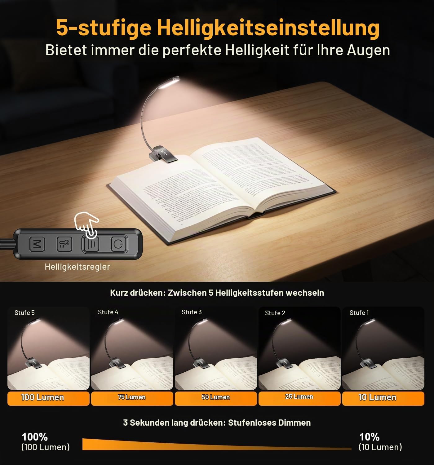 Detalle 2 de Gritin 2026 Gen 2 Leselampe Buch Klemme – Vollspektrum-LEDs, 1500 mAh, USB-C