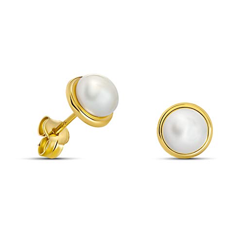 Detalle de Orecchini Miore da donna con perle d'acqua dolce bianche in oro giallo 9K (375) – chiusura al lobo