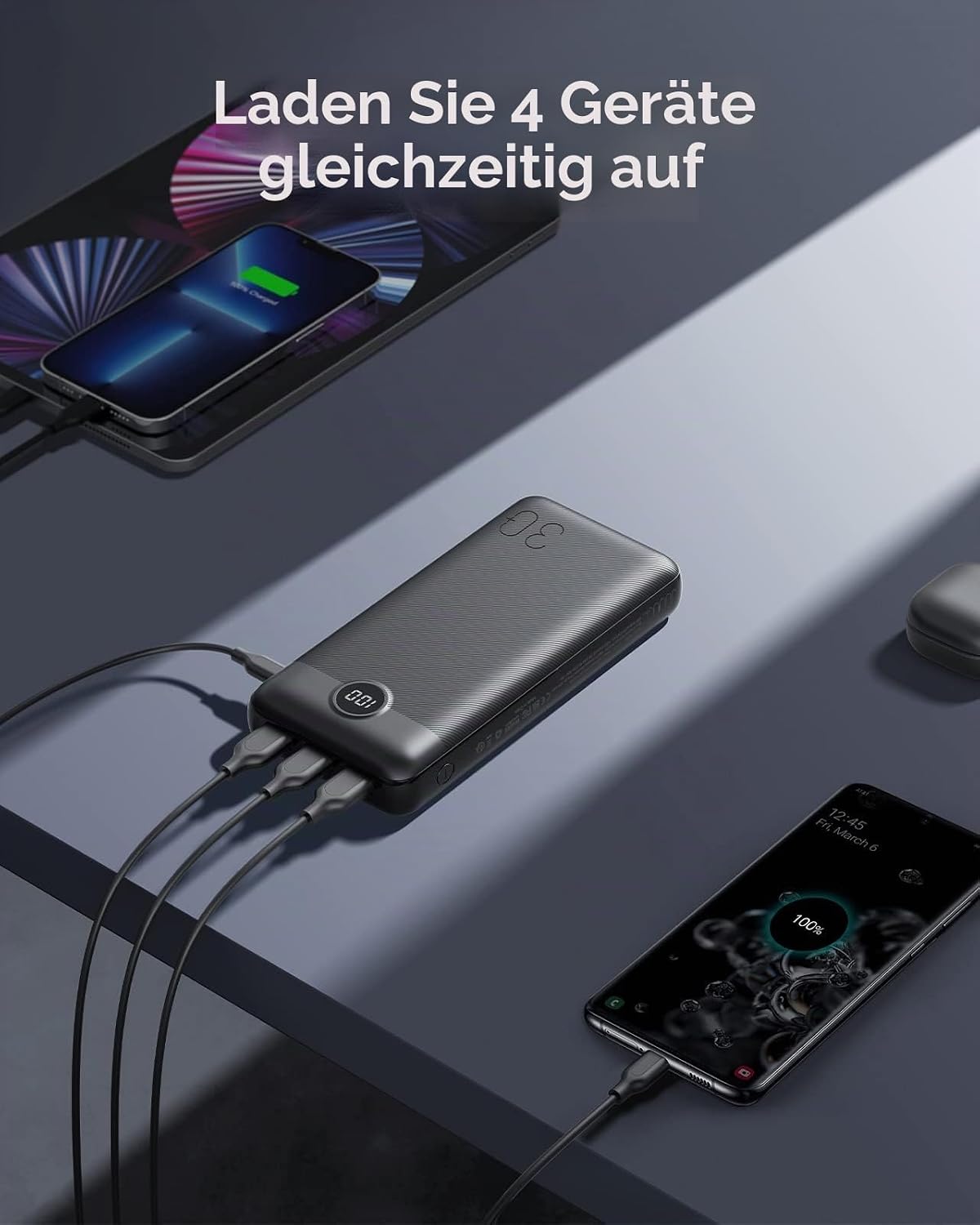 Detalle de VEGER Power Bank 30000mAh – 20W PD, USB‑C, 4 Ausgänge, LED Display