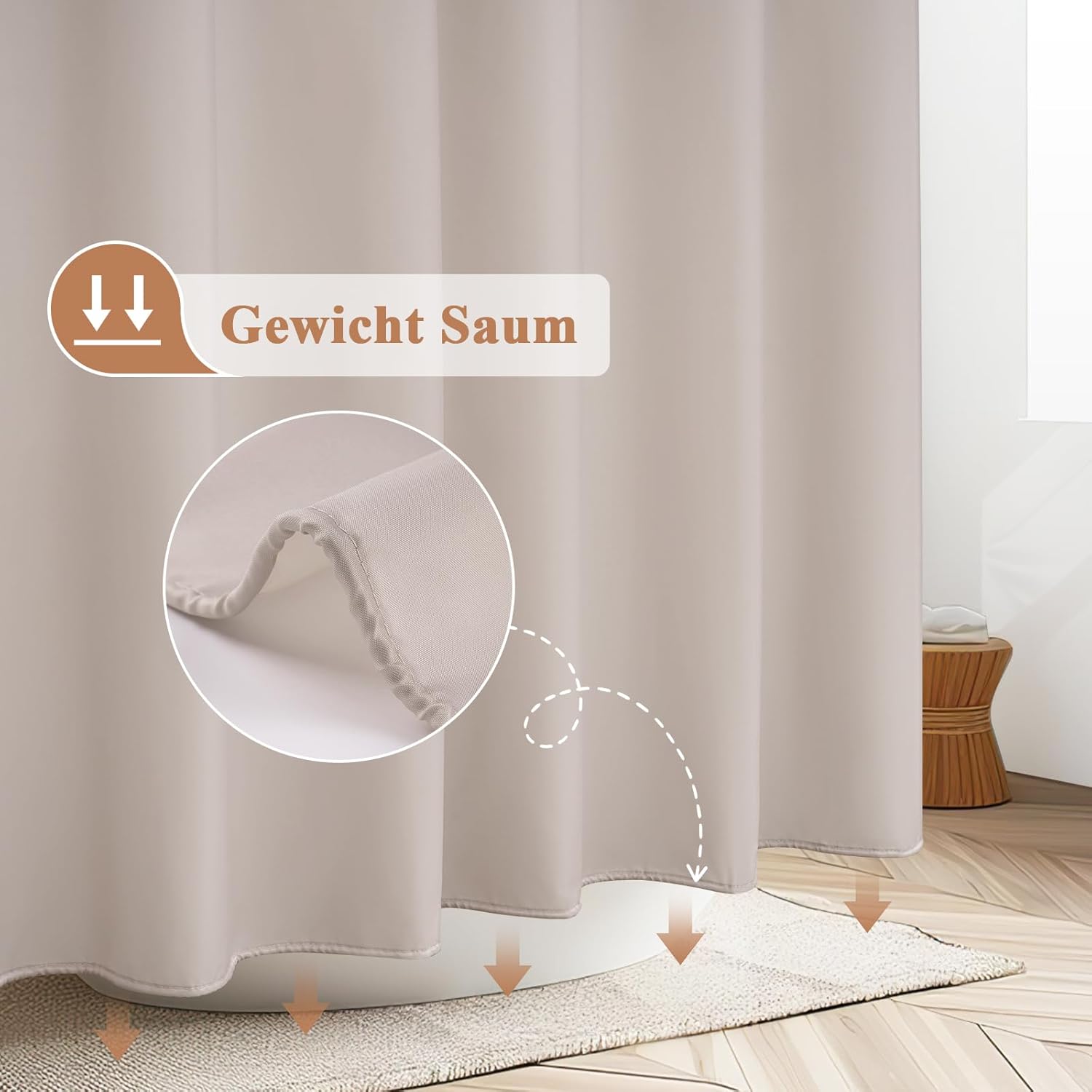 Detalle de EurCross Duschvorhang 200x180 cm sandfarben, wasserdicht & anti-Schimmel – mit 14 Ringen