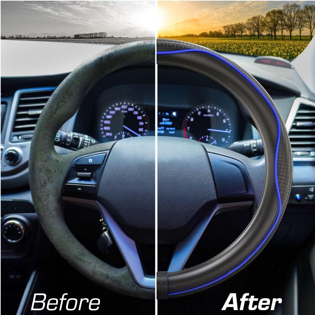 Detalle 2 de Upgrade4cars Blue & Black Leather Look Steering Wheel Cover – Universal 14.5–15 inch Fit