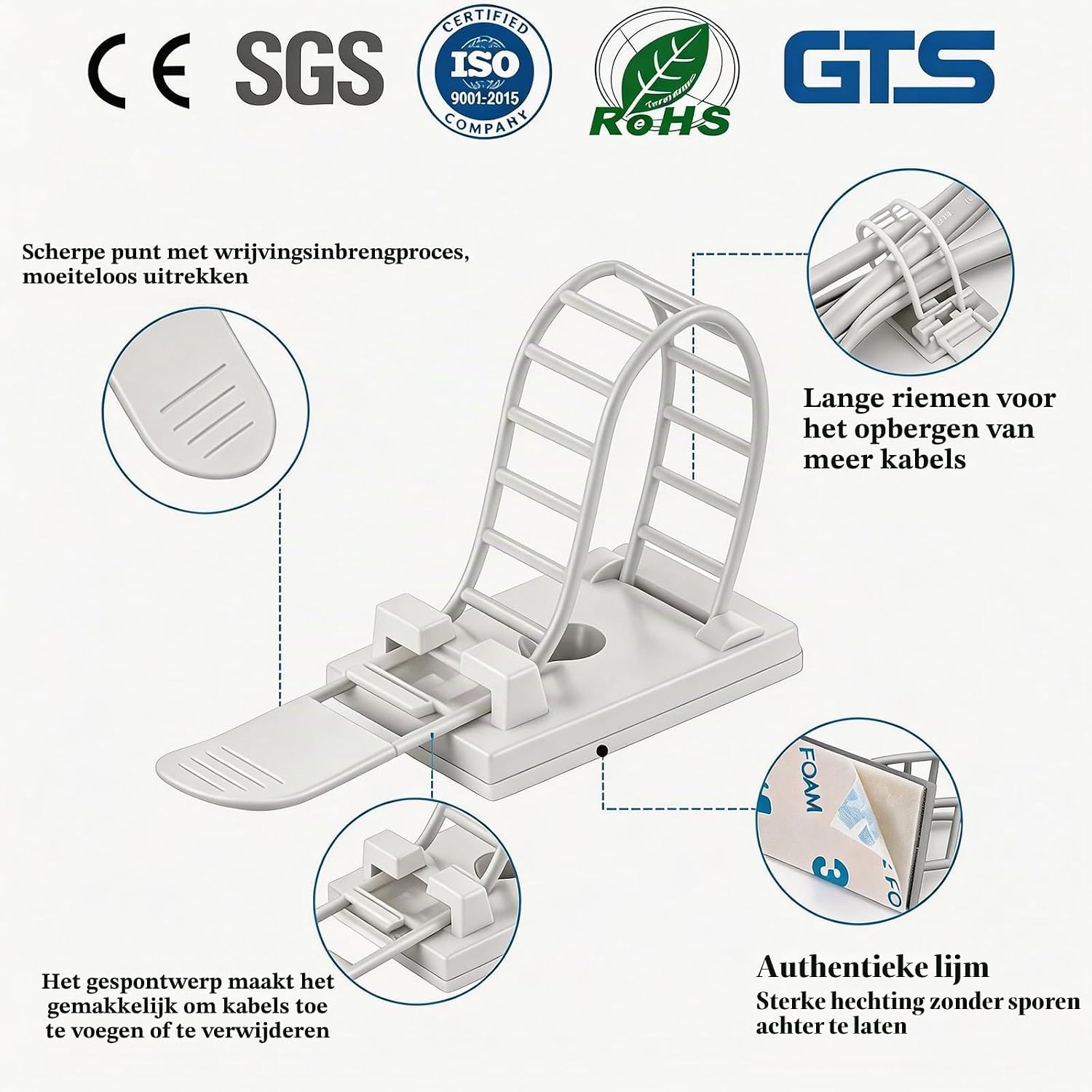 Detalle 1 de KLJ CL3 zelfklevende kabelclips, wit, verstelbaar en herbruikbaar, 50 stuks