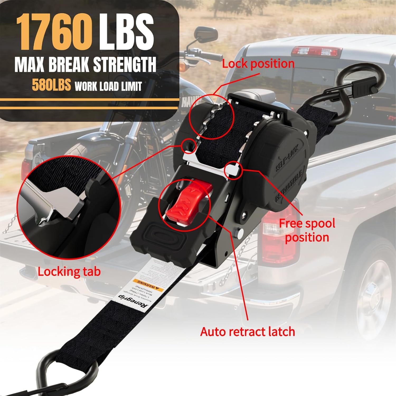 Thumbnail 3 de Renegrip Retractable Ratchet Straps Heavy Duty 1'' x 12ft (4 Pack) — 1760 lb Break Strength