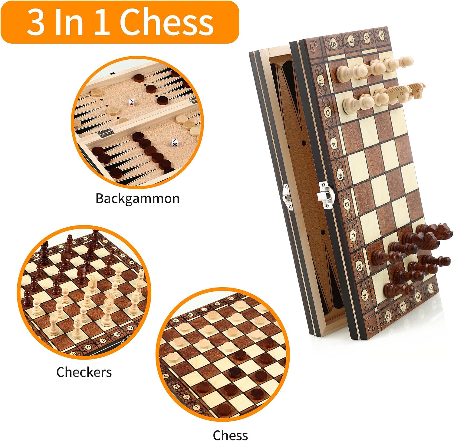 Detalle de Jeu d’échecs 3 en 1 magnétique en bois pliable (29 x 29 cm) pour enfants, adultes et voyages