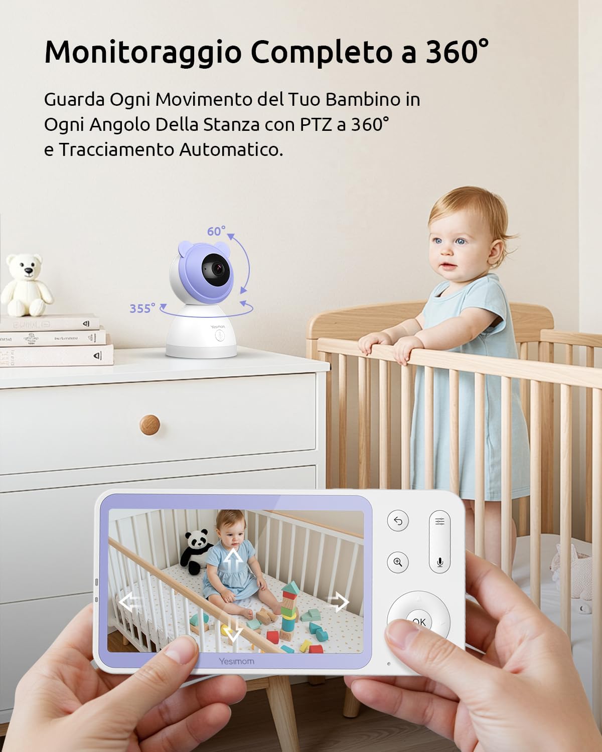 Thumbnail 4 de YESIMOM 2K Baby Monitor Video e Audio: Telecamera con PTZ 360°, App & 5" Monitor