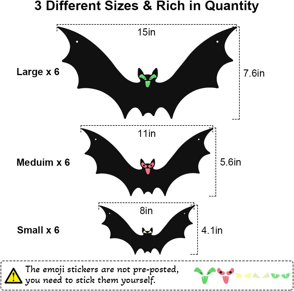 Detalle 2 de HaWeier Hanging Halloween Bats, 18-Piece Set with 3 Sizes and Eye Stickers