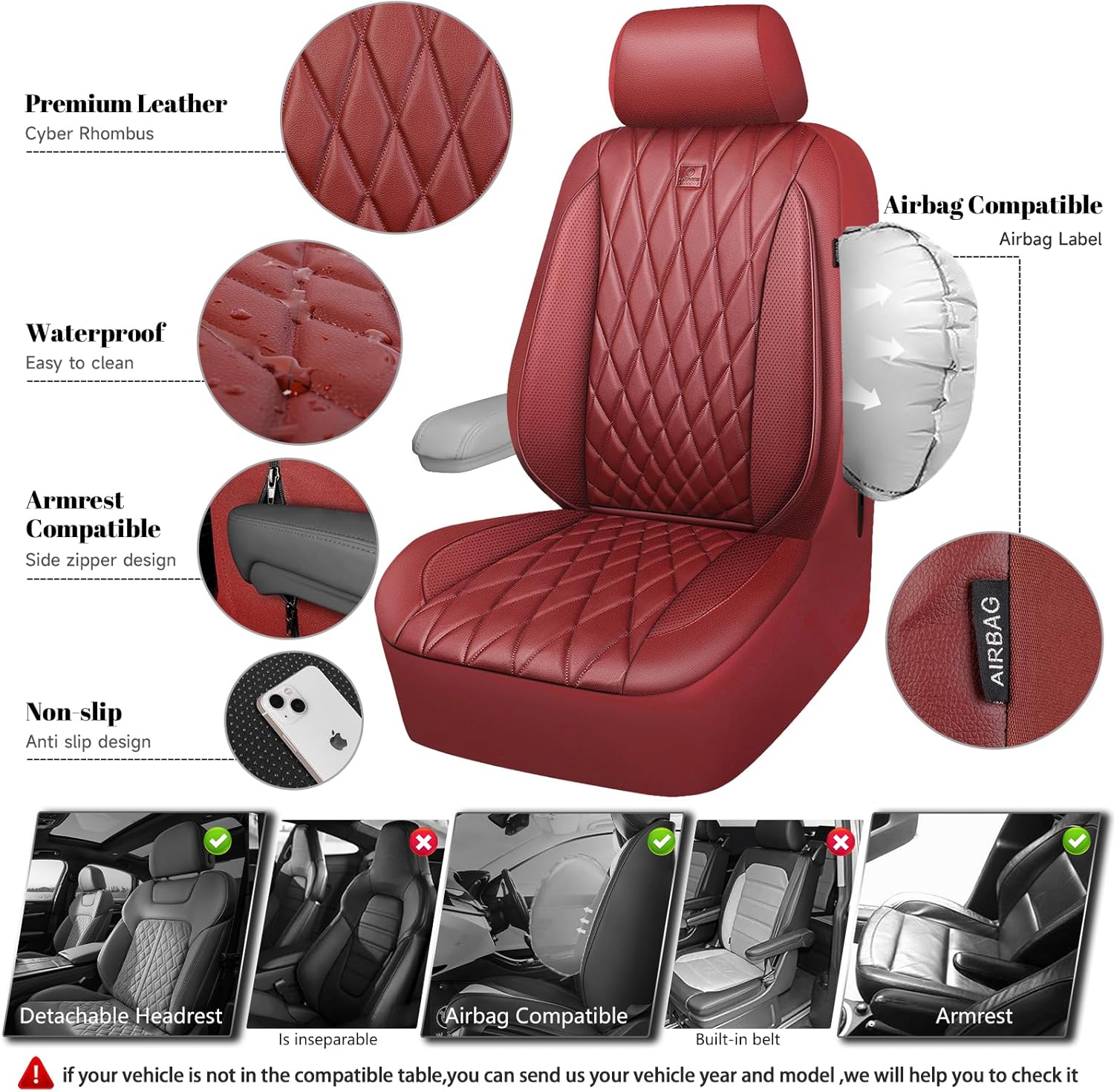 Thumbnail 2 de CAR PASS Piping Luxury Faux PU Leather Two Front Car Seat Covers (Burgundy Red) — Waterproof, Anti-Slip, Airbag Compatible