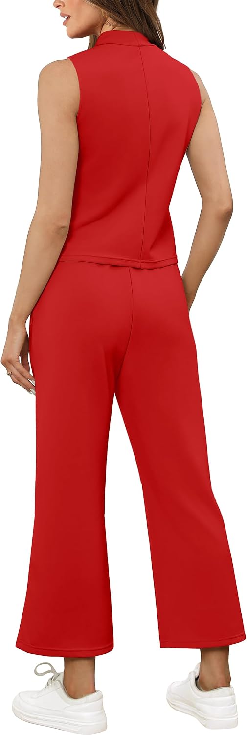 Detalle de SAMPEEL Two-Piece Lounge Set for Women: Mock Neck Sleeveless Top + Wide-Leg Crop Pants
