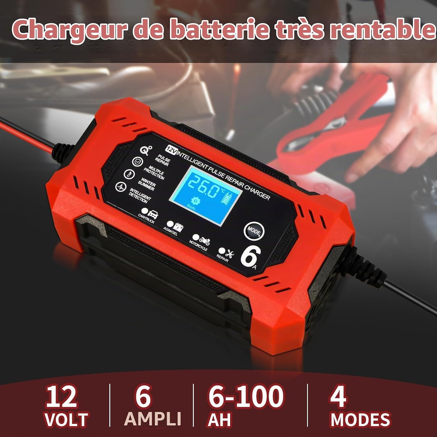 Detalle de YIIFELL 12V 6A slimme acculader voor auto en motorfiets met lcd-display