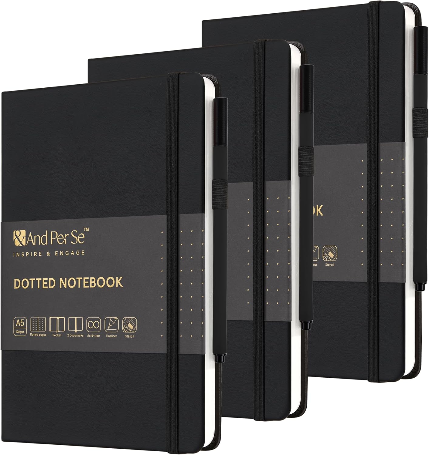 Detalle de &And Per Se HEN-03 A5 Dotted Journal Set, 100 gsm Paper, Black Hardcover
