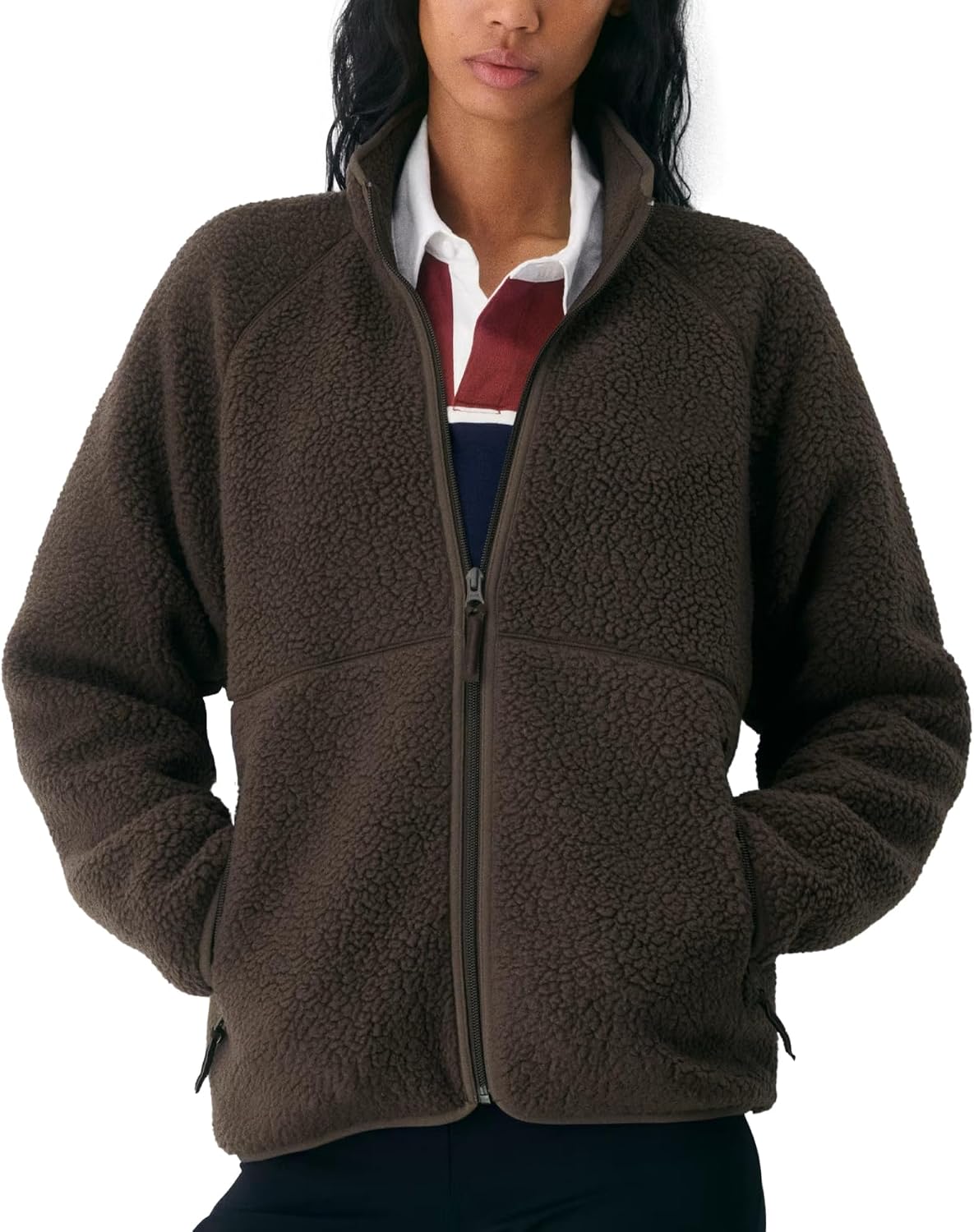 Detalle 2 de Hixiaohe Women's Sherpa Fleece Jacket, Full Zip with Mock Neck and Pockets