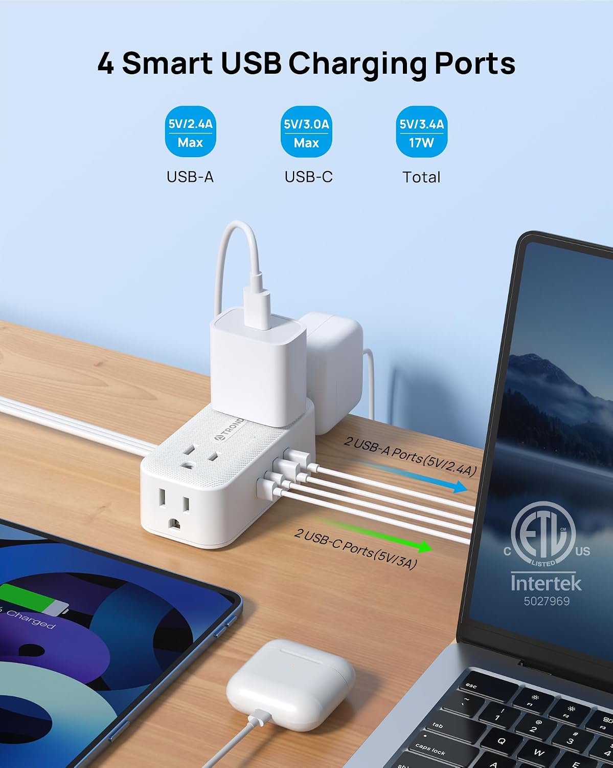 Detalle 2 de TROND TD-PS-US15SX Rotating Power Bar, 4 Outlets, USB-C, 10ft Cord
