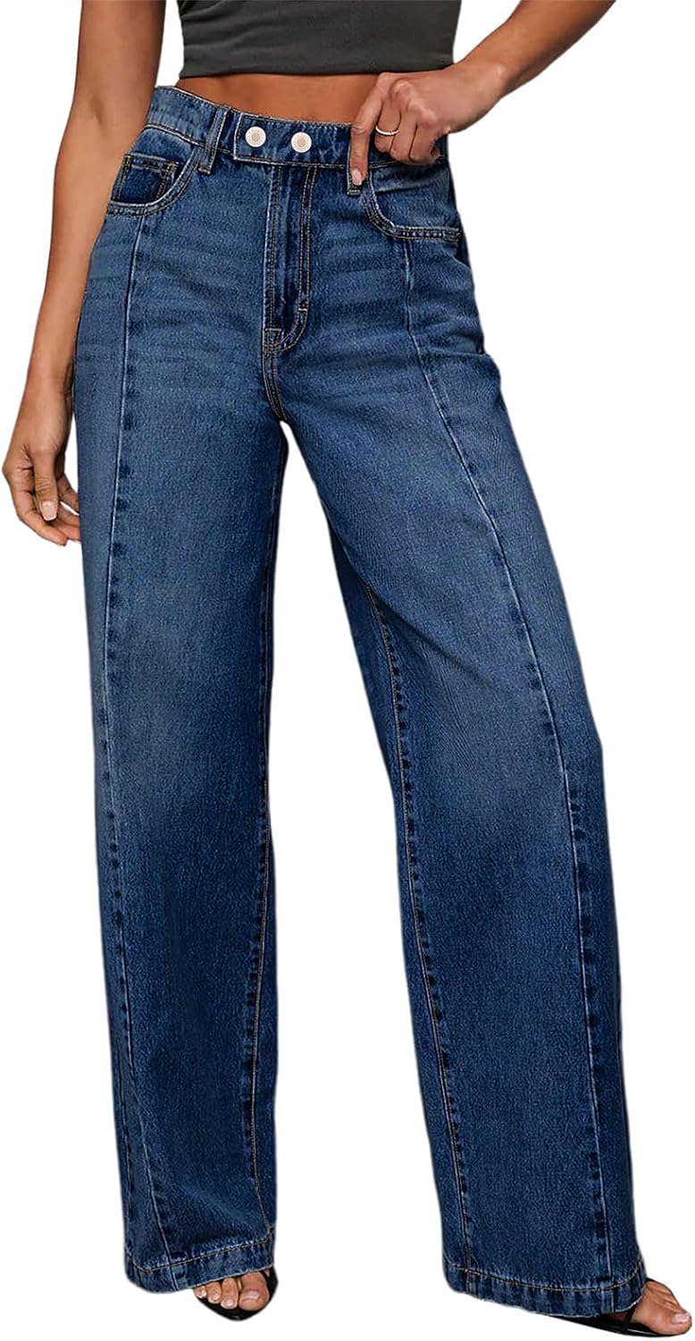 Detalle de Sidefeel Women’s Wide Leg High-Waisted Stretch Baggy Front Seam Jeans