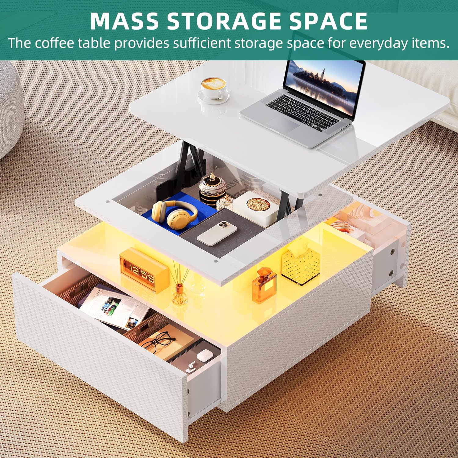 Thumbnail 2 de YITAHOME Lift-Top Coffee Table with LED Light Strip and 2 Drawers – 60x60x45 cm, High-Gloss Modern Wood