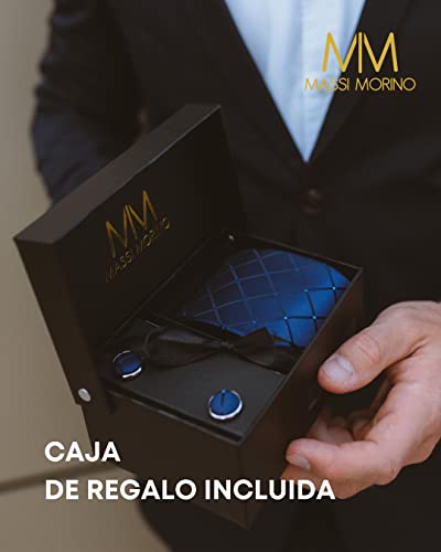 Detalle de Massi Morino Set 5 en 1: Corbata Azul de Cuadros con Pañuelo y Accesorios para Hombre (Regalo de Boda)