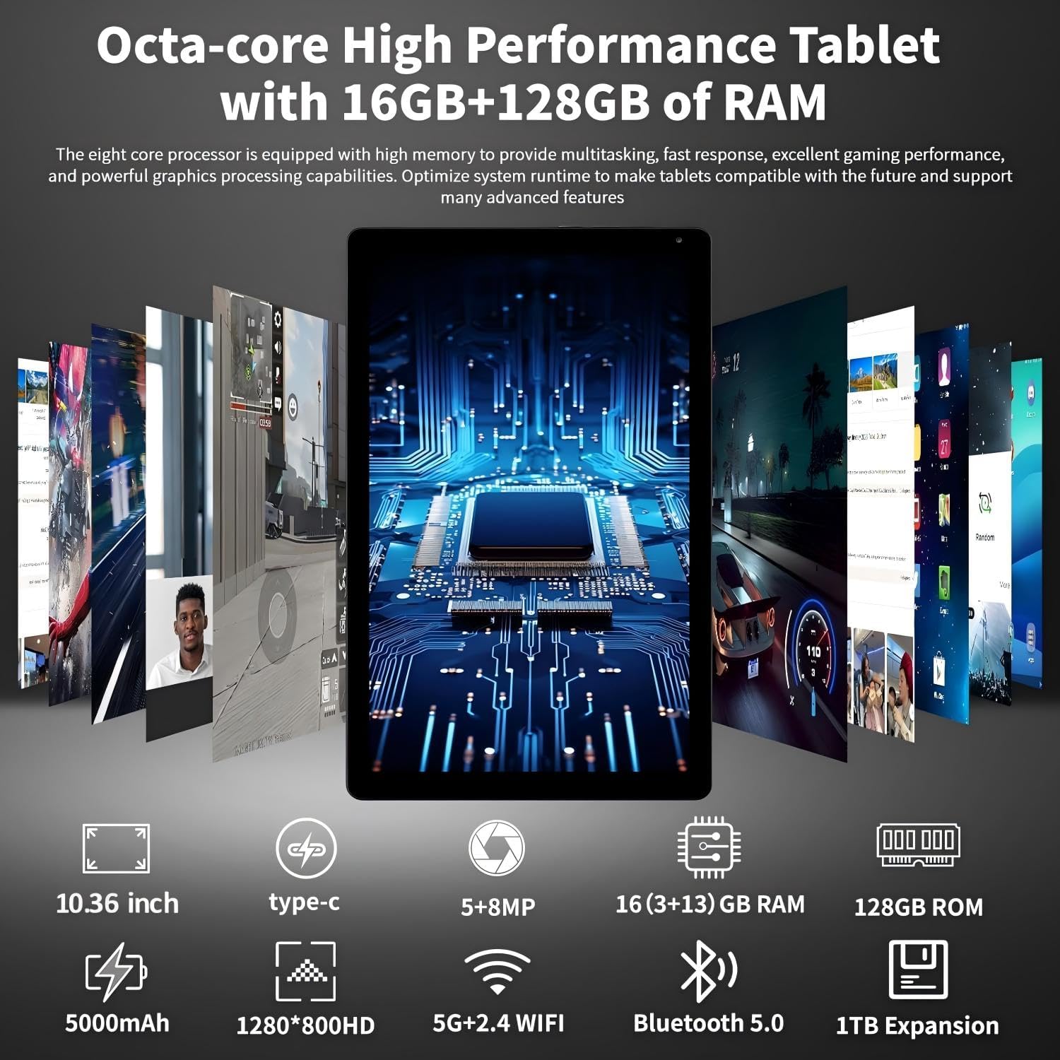 Thumbnail 3 de Ainmel 10.36 inch Android Tablet (Android 14) with Octa Core, 16GB RAM + 128GB, WiFi 6, Bluetooth 5.4, Dual Speakers