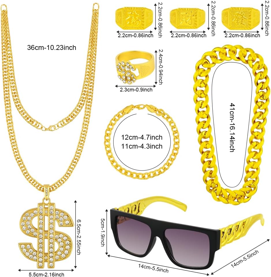 Thumbnail 2 de BSBUY 10-delige hiphop-kostuumaccessoireset met gouden kettingen en ringen