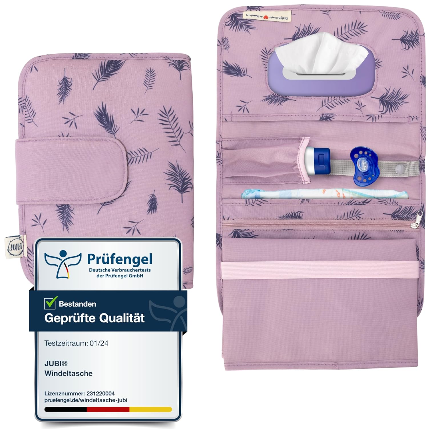 Detalle de Jubi Windeltasche mit Wickelunterlage für unterwegs – Kleine, platzsparende Wickeltasche in Lila mit Palmen (Klettverschluss)
