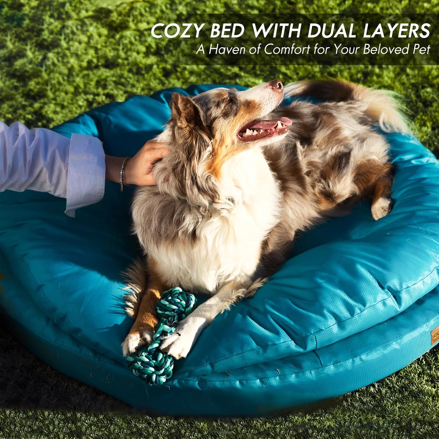 Detalle de ClevaHome Panier Orthopédique pour Chien – Rond, Coussin Double Couchage, Tissu Déperlant et Fond Antidérapant (Bleu Ardoise, XL)
