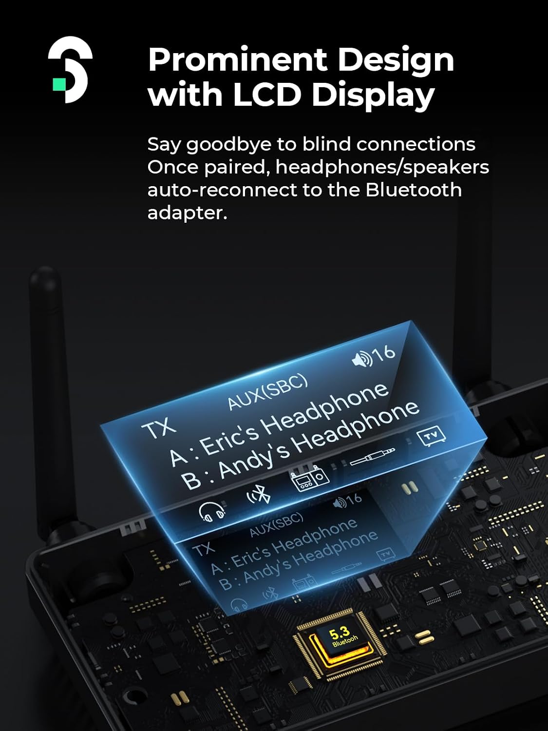 Detalle 2 de Soomfon Emetteur Récepteur Bluetooth 5.3 3 en 1 pour TV (TX/RX/Bypass) double connexion, portée jusqu’à 30 m