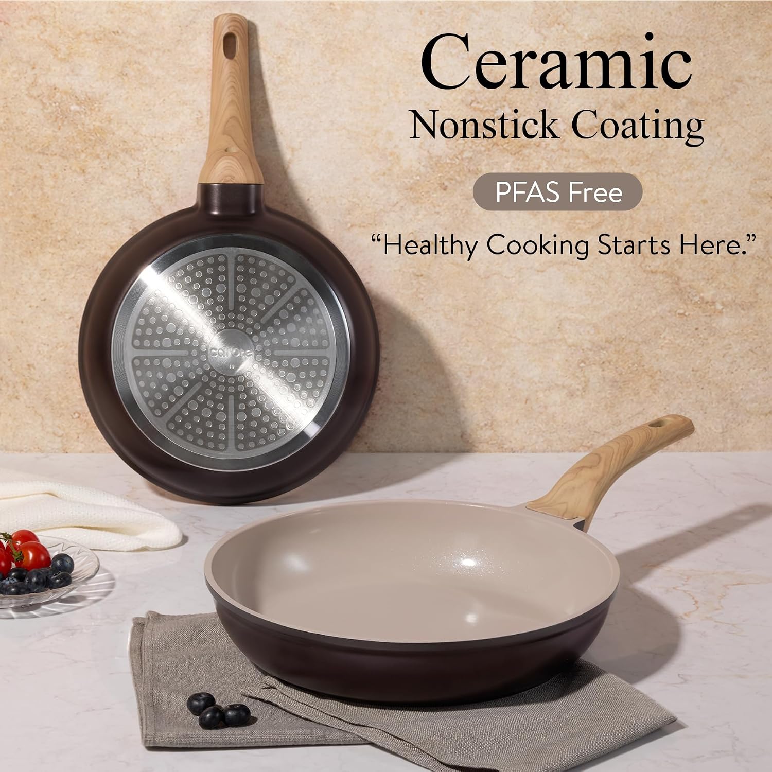 Detalle de CAROTE A15665 21-Piece Ceramic Cookware Set, Induction-Compatible, Dark Mocha