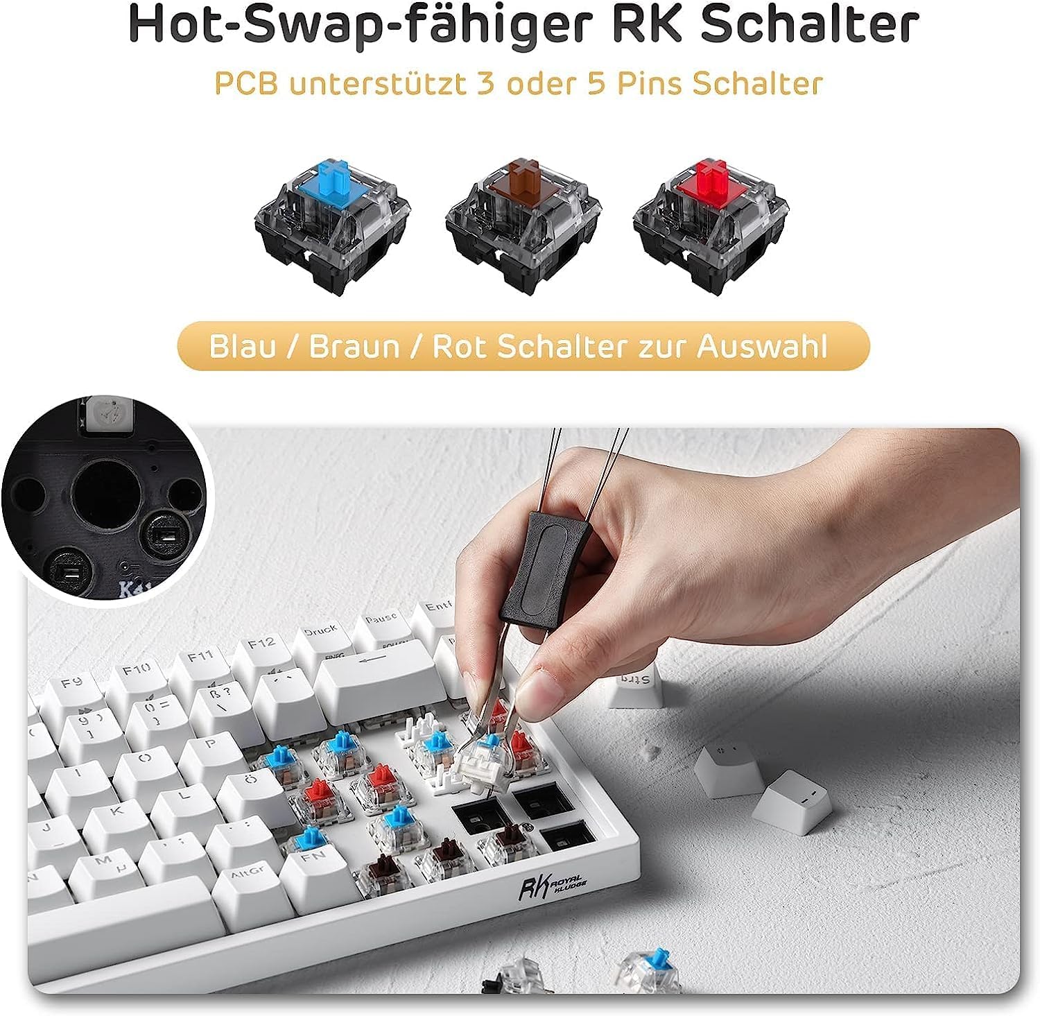 Thumbnail 3 de RK ROYAL KLUDGE RK84-DE 75% meccanica TKL Bluetooth 2,4 GHz RGB con switch marroni (RK84-DE)