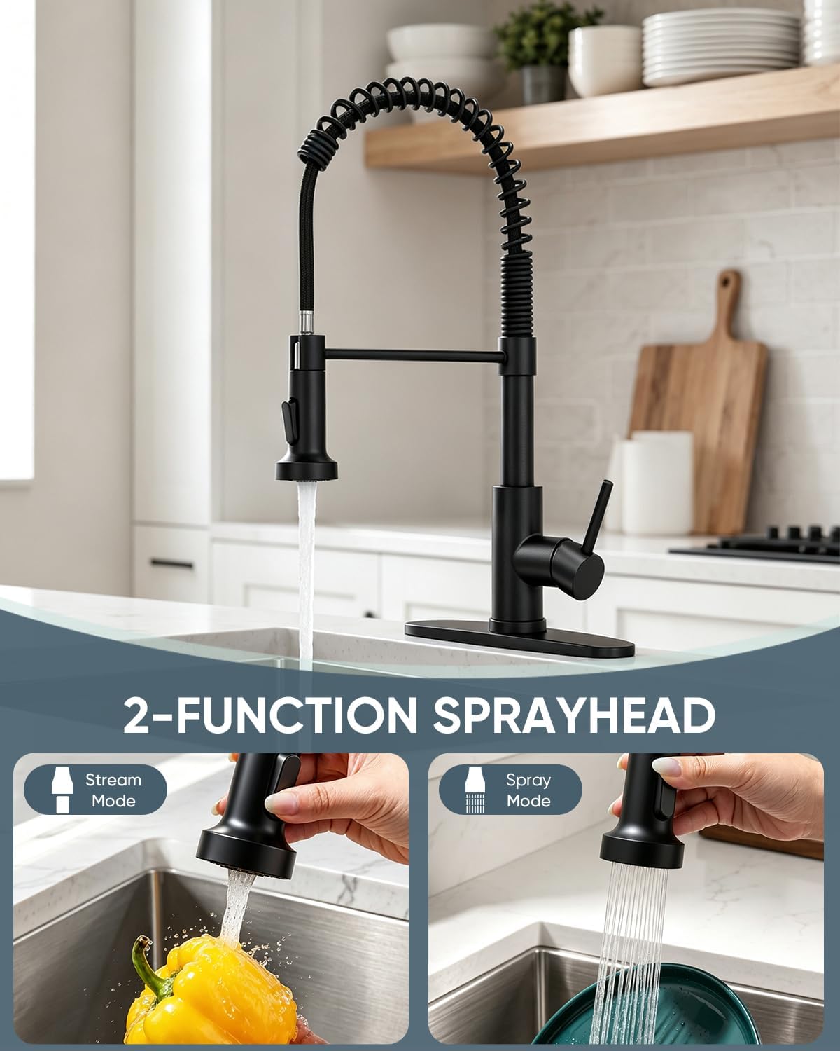 Detalle 2 de OWOFAN 9009R-A Pull-Down Kitchen Faucet, Matte Black, 360° Swivel