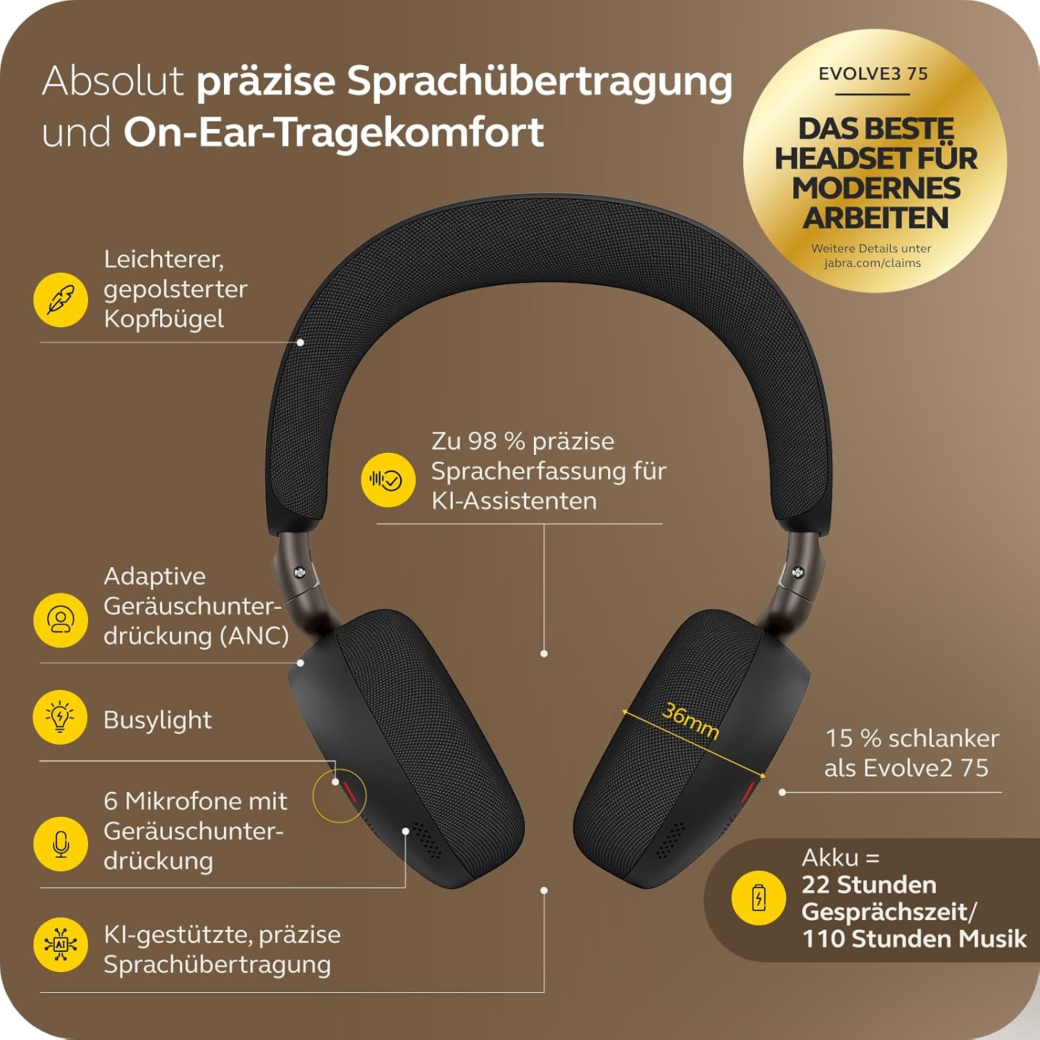 Thumbnail 1 de Jabra Evolve3 75 (MS) mit Link390c – Black: Headset für klare Sprache & adaptive Noise-Cancelling
