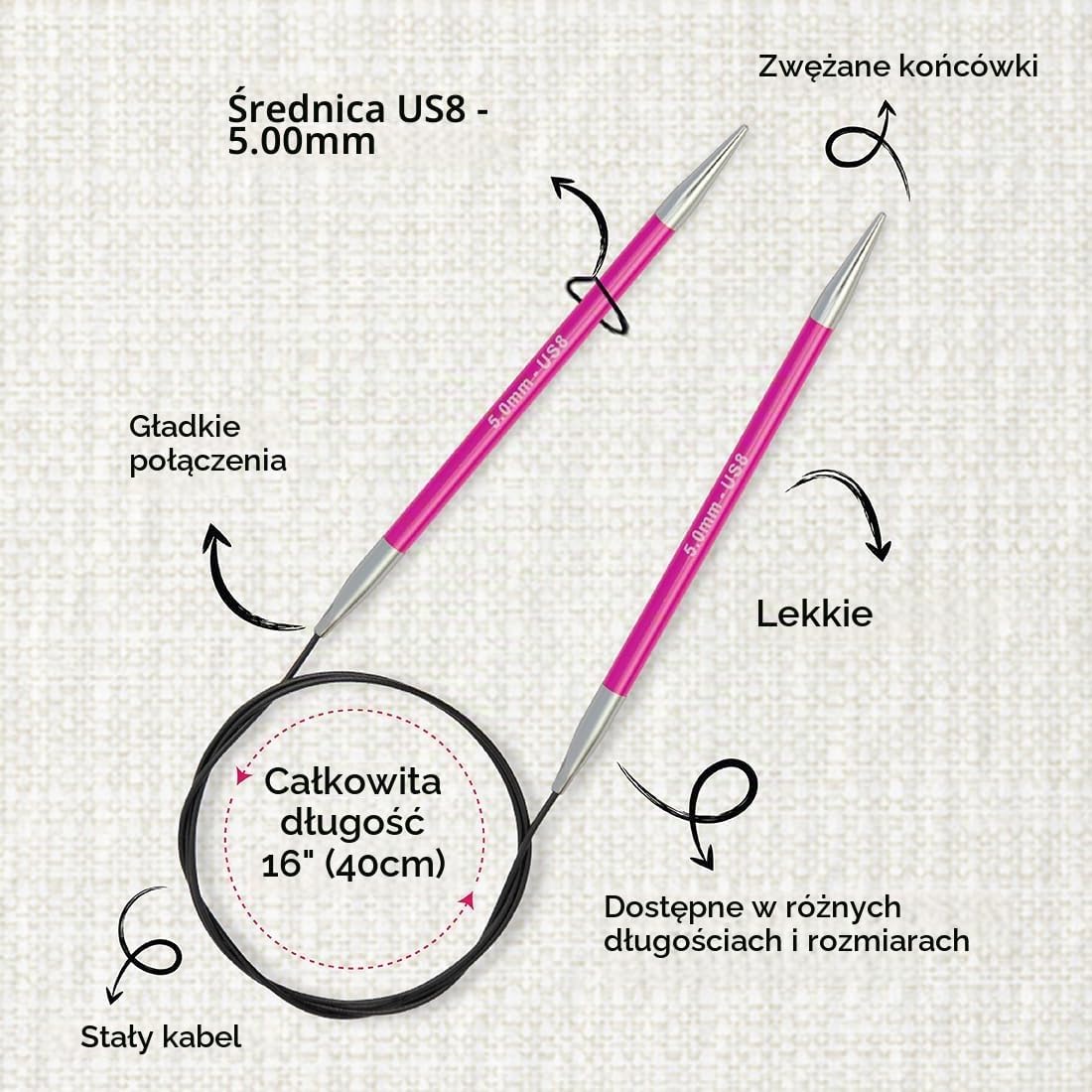 Detalle de KnitPro KP47071 okrągłe druty na żyłce 5 mm, aluminiowe, różowe