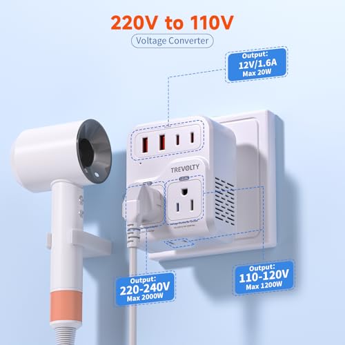 Detalle de TREVOLTY 2000W Voltage Converter US to Europe for Hair Dryers – 7-in-1 220V to 110V Travel Adapter (White)