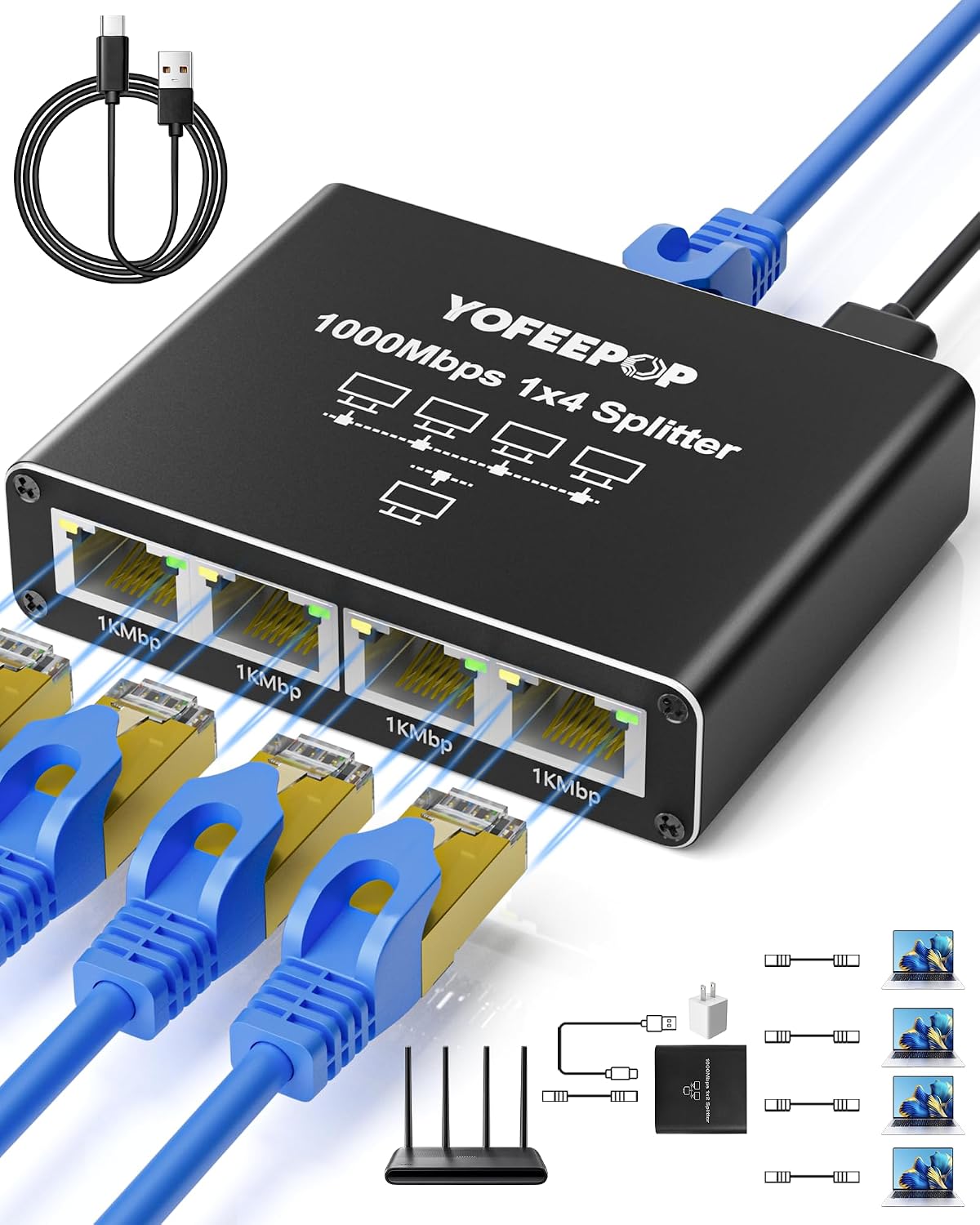 Imagen de YOFEEPOP 4-Port Gigabit Ethernet Splitter (1 to 4) with USB Power – 1000Mbps, Cat8/7/6 Compatible en OfertitasTOP